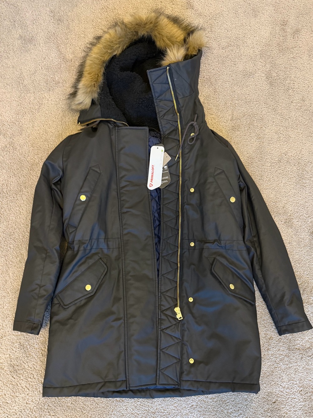 🆕 J.Crew Perfect Winter Parka Style H2222 sz XXS Black and tan faux fur